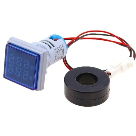 ولتمتر-و-آمپرمتر-چراغ-سیگنالی-ac500v-100a-آبی-مربعی-مدل-ad16-22fva