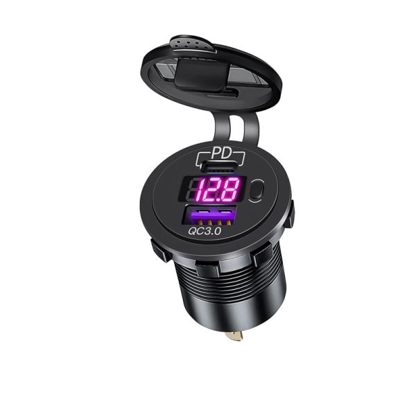 شارژر USB خودرویی روپنلی گرد قرمز QC3.0 + Type-C با نمایشگر ولتاژ و کلید ON/OFF