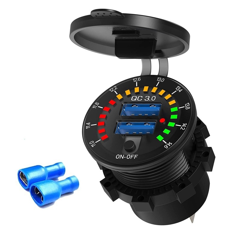 شارژر-usb-خودرویی-روپنلی-گرد-با-دو-خروجی-usb-فست-شارژ-qc30-ولتاژ-و-کلید-onoff